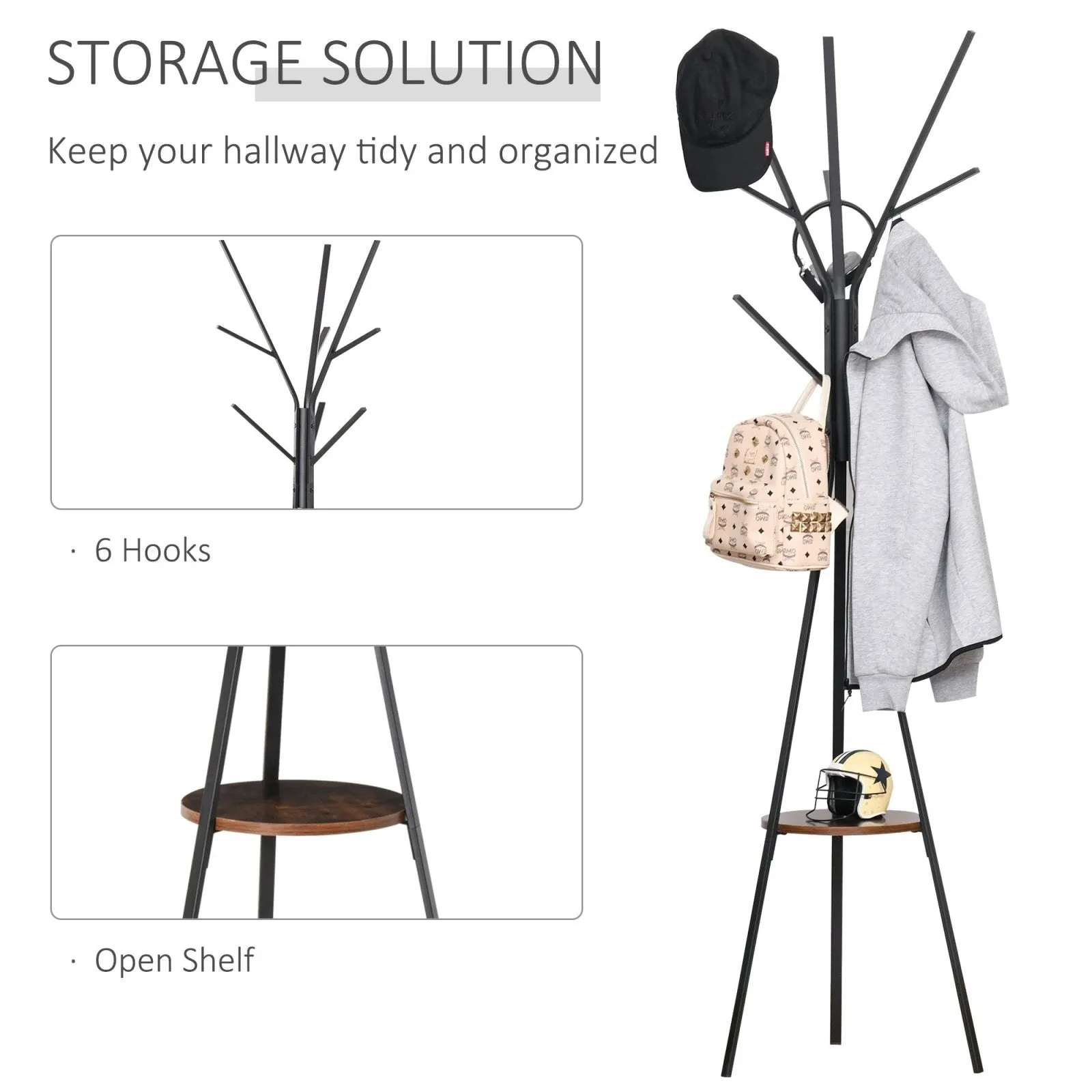 180cm Free Standing Metal Coat Rack Stand 9 Hooks Clothes Tree with 1 Shelf Hat Display Hall Tree Hanger Bag Umbrella Hanging Organiser Brown