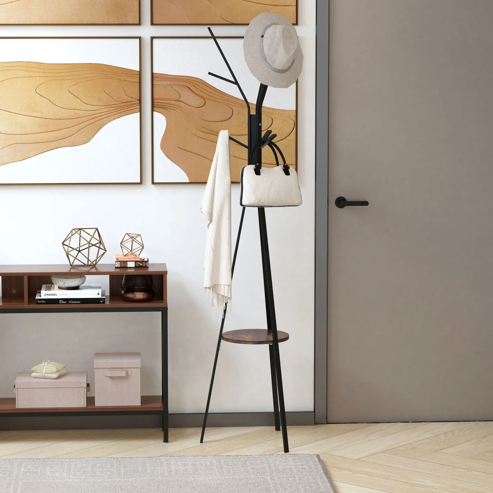 180cm Free Standing Metal Coat Rack Stand 9 Hooks Clothes Tree with 1 Shelf Hat Display Hall Tree Hanger Bag Umbrella Hanging Organiser Brown