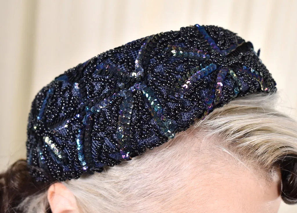 1950s Navy Vintage Sequin & Bead Hat