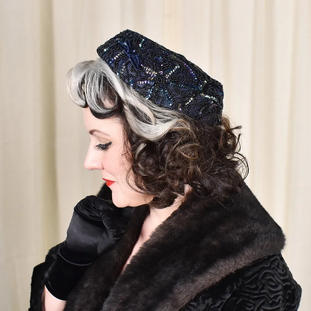 1950s Navy Vintage Sequin & Bead Hat