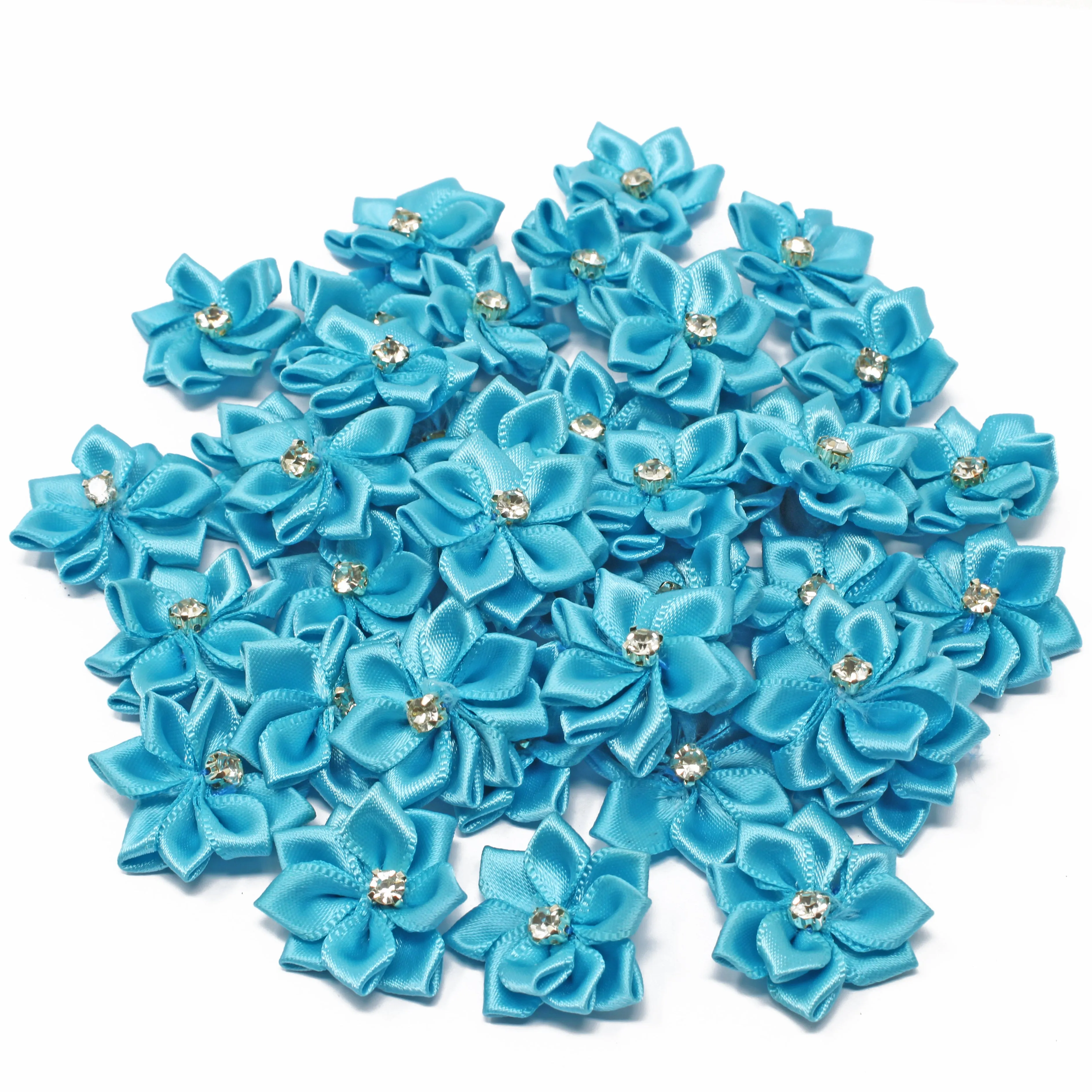 25mm Satin Ribbon Flowers With Rhinestone Diamante Centre