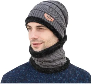 2PCS Womens Mens Fleece Lined Knitted Cap Scarf Set Thermal Thick Cycling Cap Neck Warmer Warm Chunky Cable Knit Hats