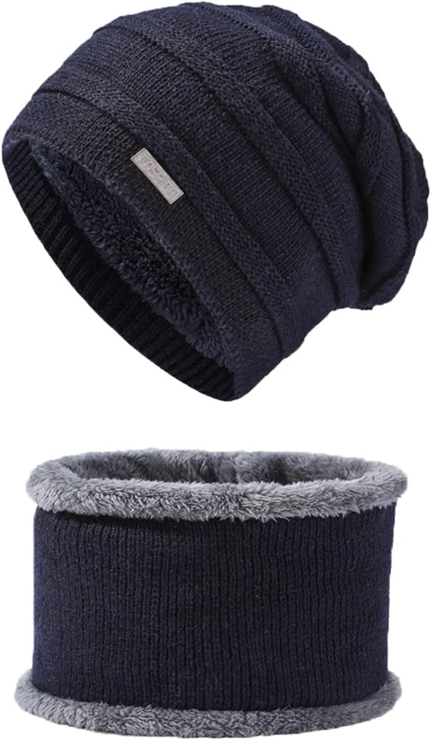 2PCS Womens Mens Fleece Lined Knitted Cap Scarf Set Thermal Thick Cycling Cap Neck Warmer Warm Chunky Cable Knit Hats