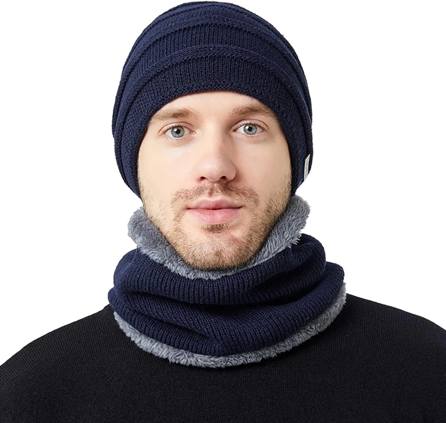 2PCS Womens Mens Fleece Lined Knitted Cap Scarf Set Thermal Thick Cycling Cap Neck Warmer Warm Chunky Cable Knit Hats