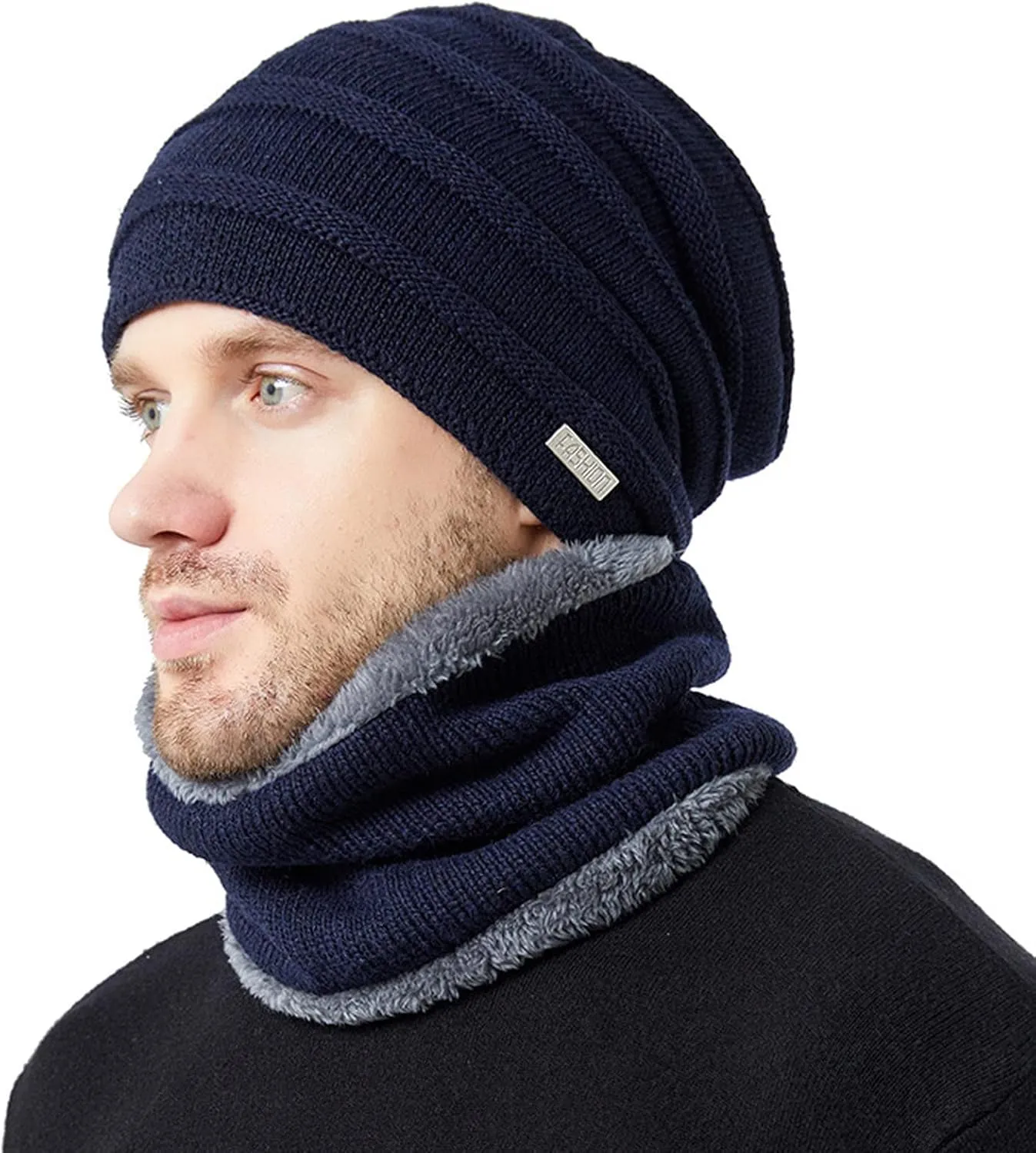 2PCS Womens Mens Fleece Lined Knitted Cap Scarf Set Thermal Thick Cycling Cap Neck Warmer Warm Chunky Cable Knit Hats