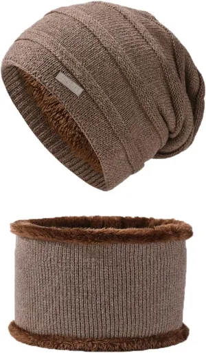 2PCS Womens Mens Fleece Lined Knitted Cap Scarf Set Thermal Thick Cycling Cap Neck Warmer Warm Chunky Cable Knit Hats