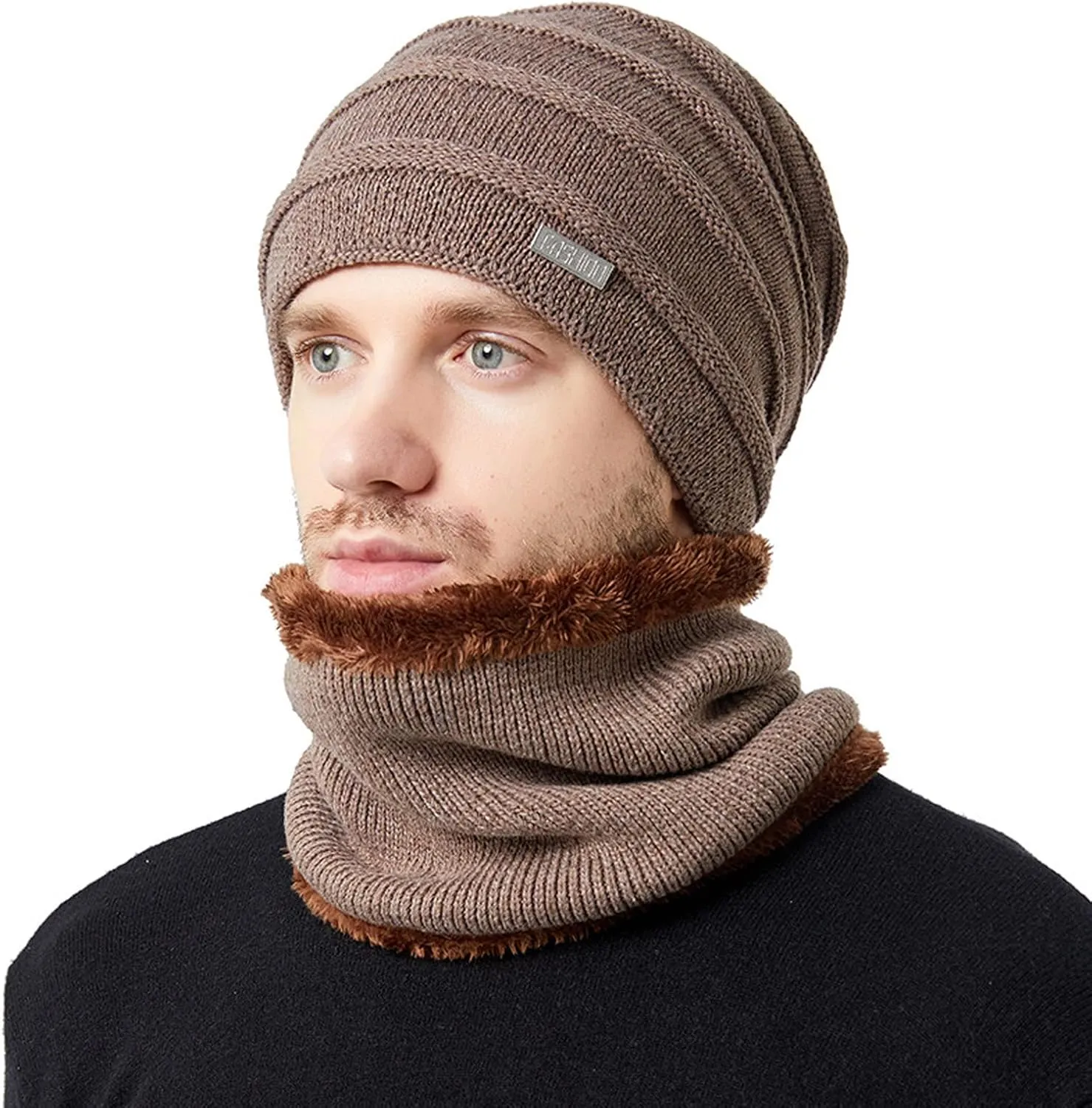 2PCS Womens Mens Fleece Lined Knitted Cap Scarf Set Thermal Thick Cycling Cap Neck Warmer Warm Chunky Cable Knit Hats