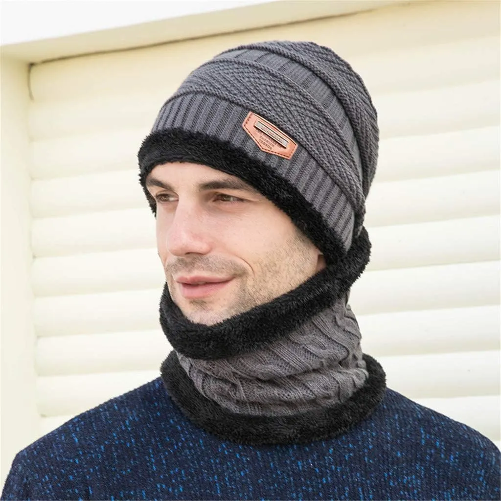 2PCS Womens Mens Fleece Lined Knitted Cap Scarf Set Thermal Thick Cycling Cap Neck Warmer Warm Chunky Cable Knit Hats