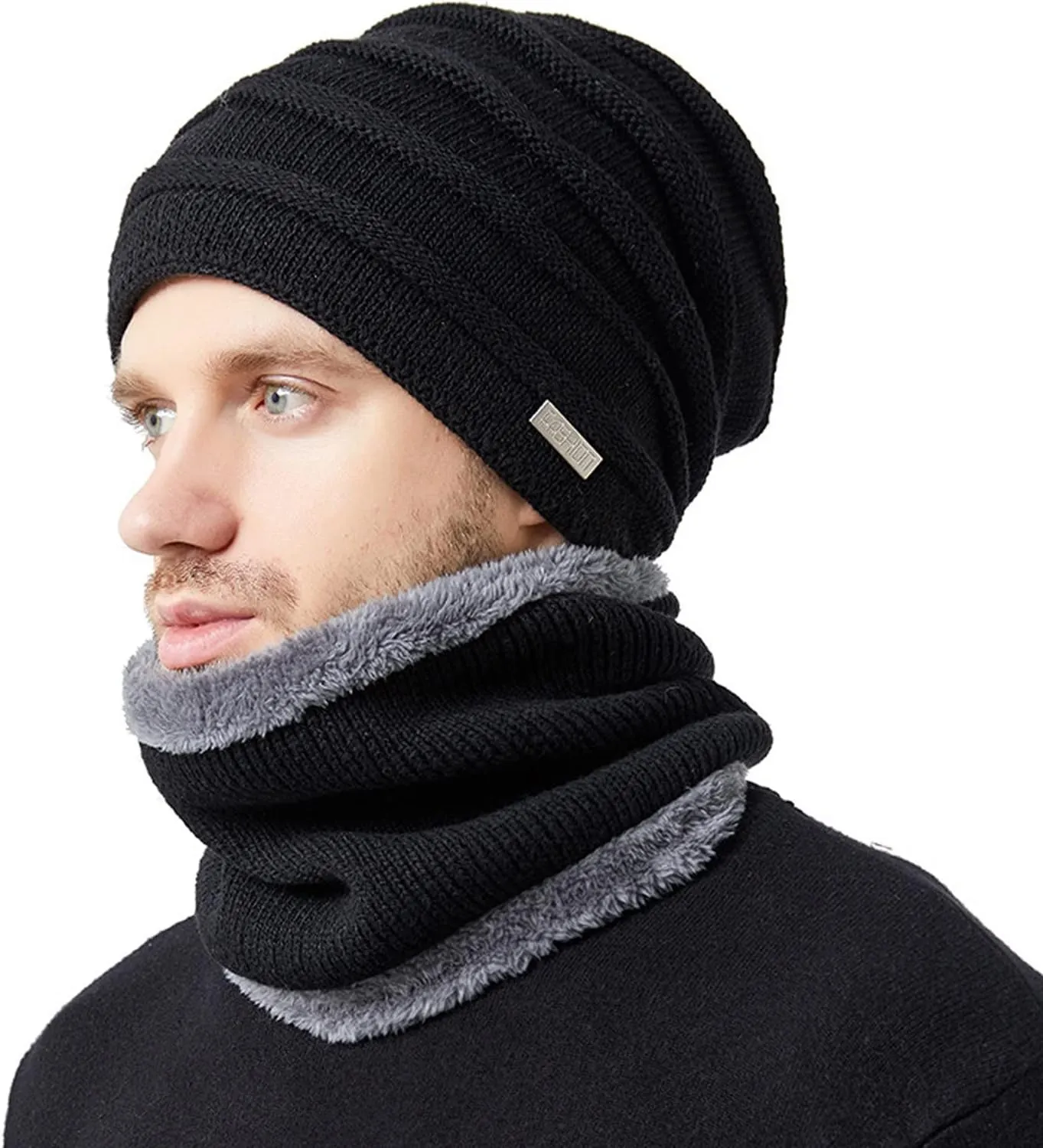 2PCS Womens Mens Fleece Lined Knitted Cap Scarf Set Thermal Thick Cycling Cap Neck Warmer Warm Chunky Cable Knit Hats
