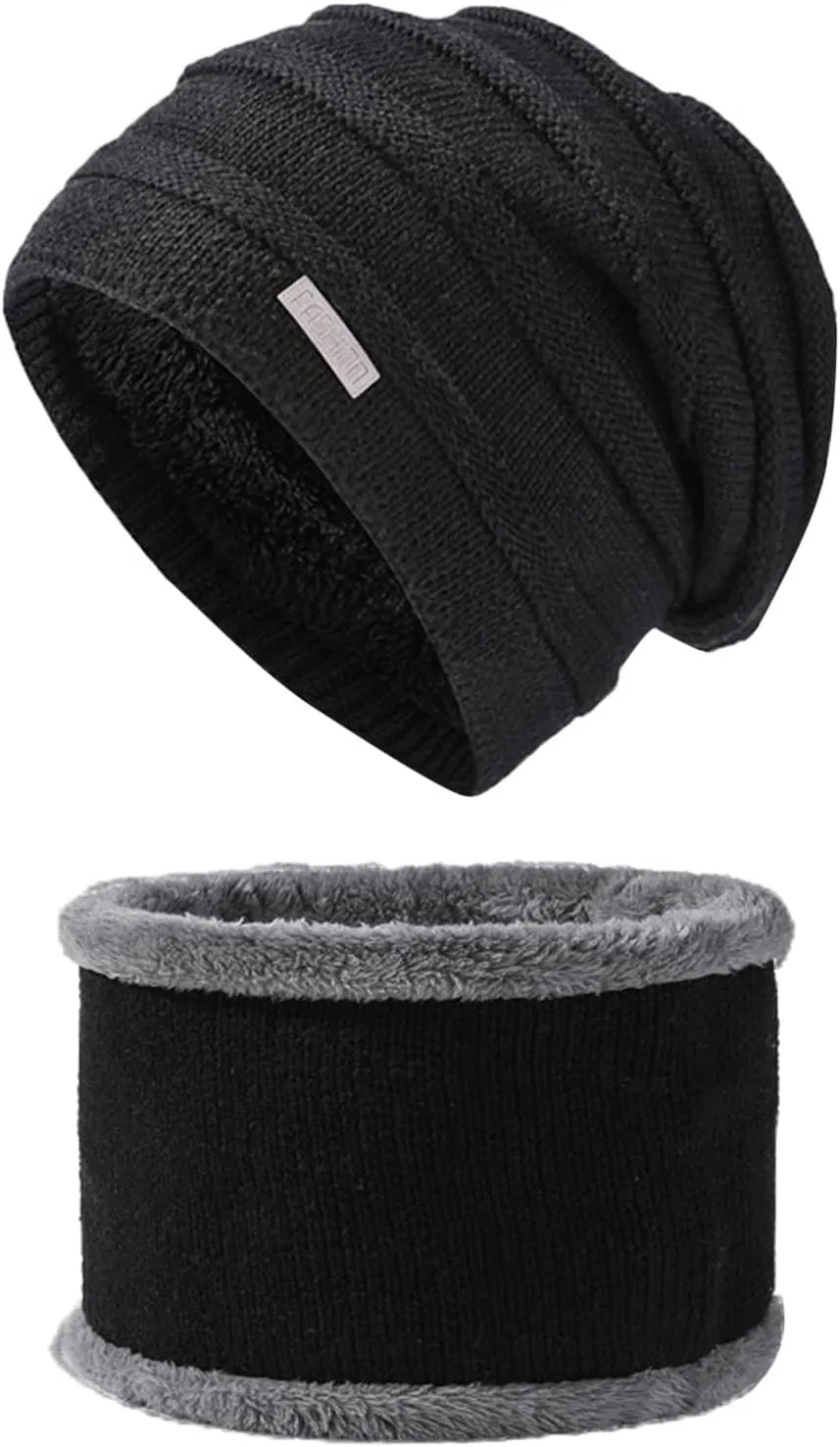 2PCS Womens Mens Fleece Lined Knitted Cap Scarf Set Thermal Thick Cycling Cap Neck Warmer Warm Chunky Cable Knit Hats