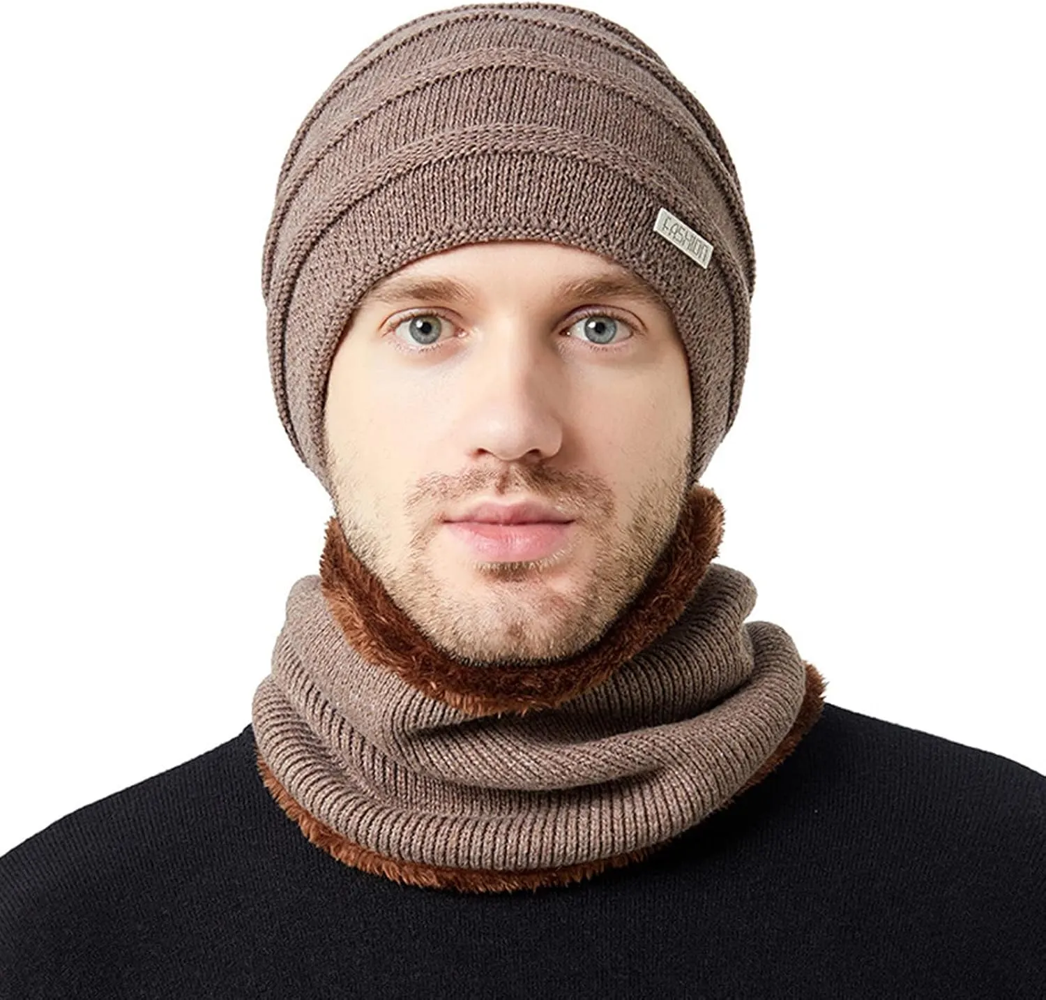 2PCS Womens Mens Fleece Lined Knitted Cap Scarf Set Thermal Thick Cycling Cap Neck Warmer Warm Chunky Cable Knit Hats