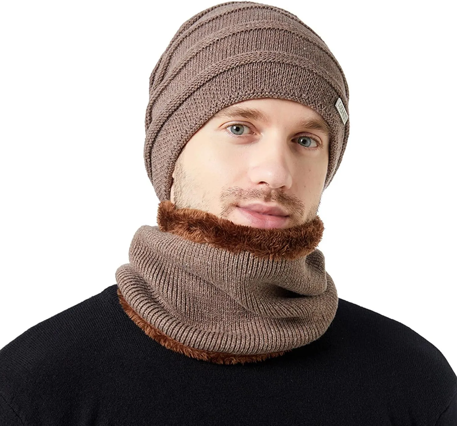 2PCS Womens Mens Fleece Lined Knitted Cap Scarf Set Thermal Thick Cycling Cap Neck Warmer Warm Chunky Cable Knit Hats