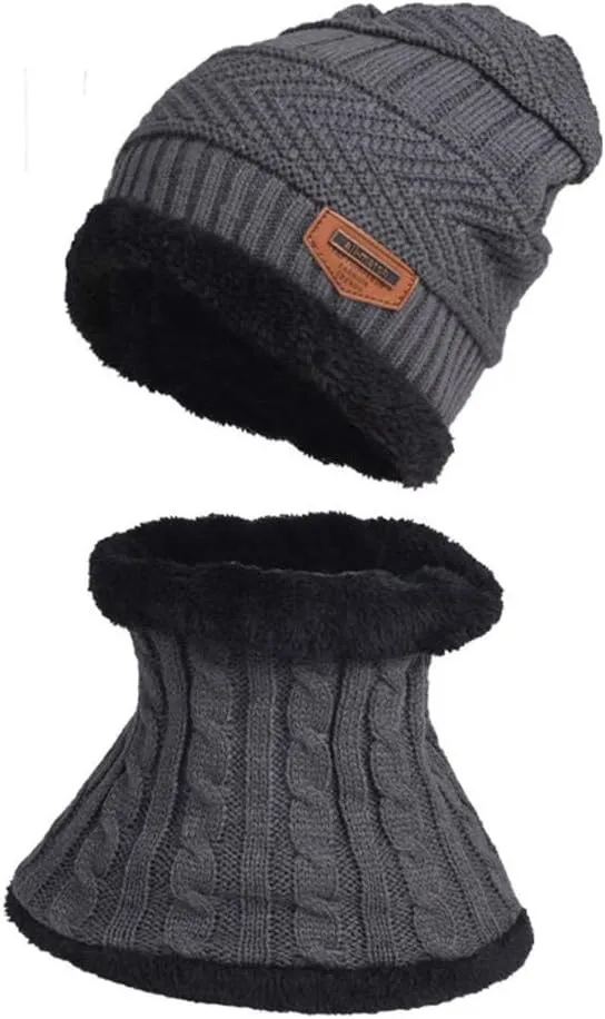2PCS Womens Mens Fleece Lined Knitted Cap Scarf Set Thermal Thick Cycling Cap Neck Warmer Warm Chunky Cable Knit Hats