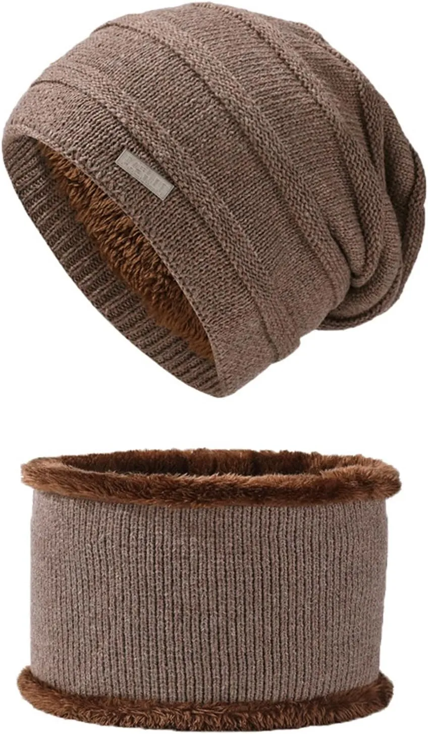 2PCS Womens Mens Fleece Lined Knitted Cap Scarf Set Thermal Thick Cycling Cap Neck Warmer Warm Chunky Cable Knit Hats