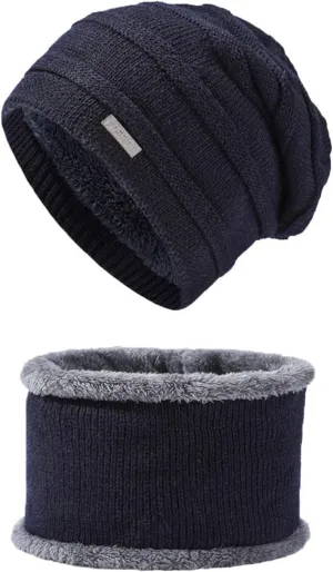 2PCS Womens Mens Fleece Lined Knitted Cap Scarf Set Thermal Thick Cycling Cap Neck Warmer Warm Chunky Cable Knit Hats
