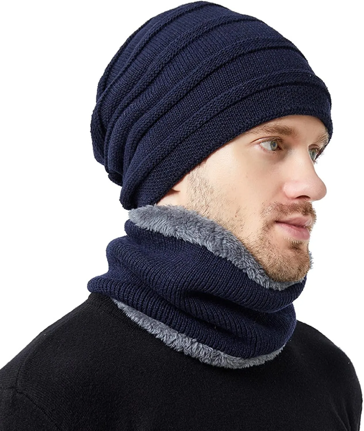 2PCS Womens Mens Fleece Lined Knitted Cap Scarf Set Thermal Thick Cycling Cap Neck Warmer Warm Chunky Cable Knit Hats
