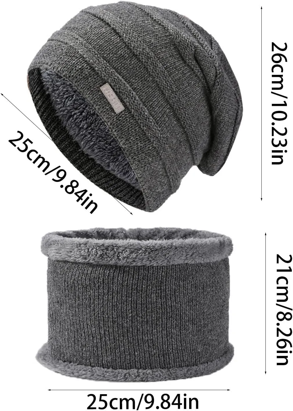 2PCS Womens Mens Fleece Lined Knitted Cap Scarf Set Thermal Thick Cycling Cap Neck Warmer Warm Chunky Cable Knit Hats