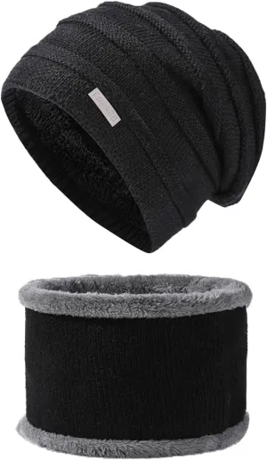 2PCS Womens Mens Fleece Lined Knitted Cap Scarf Set Thermal Thick Cycling Cap Neck Warmer Warm Chunky Cable Knit Hats