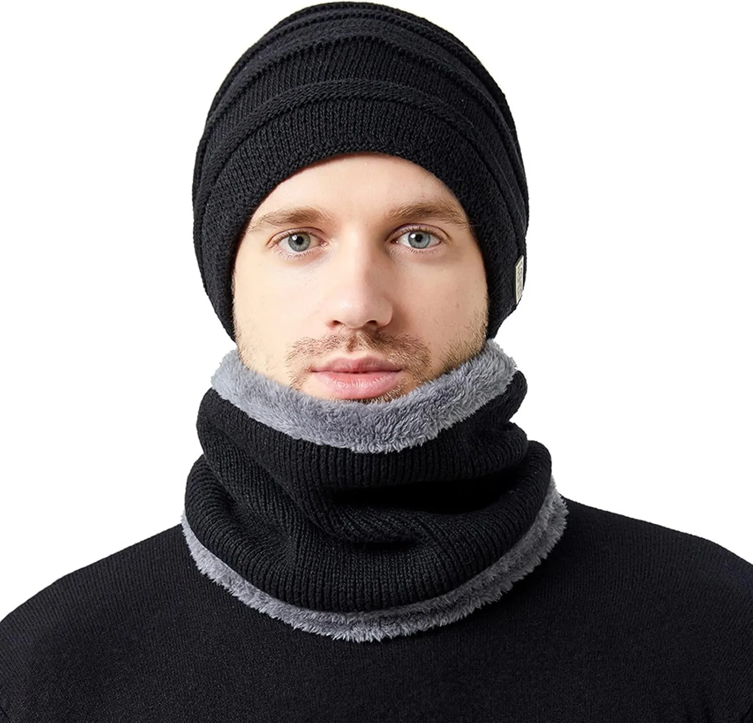 2PCS Womens Mens Fleece Lined Knitted Cap Scarf Set Thermal Thick Cycling Cap Neck Warmer Warm Chunky Cable Knit Hats