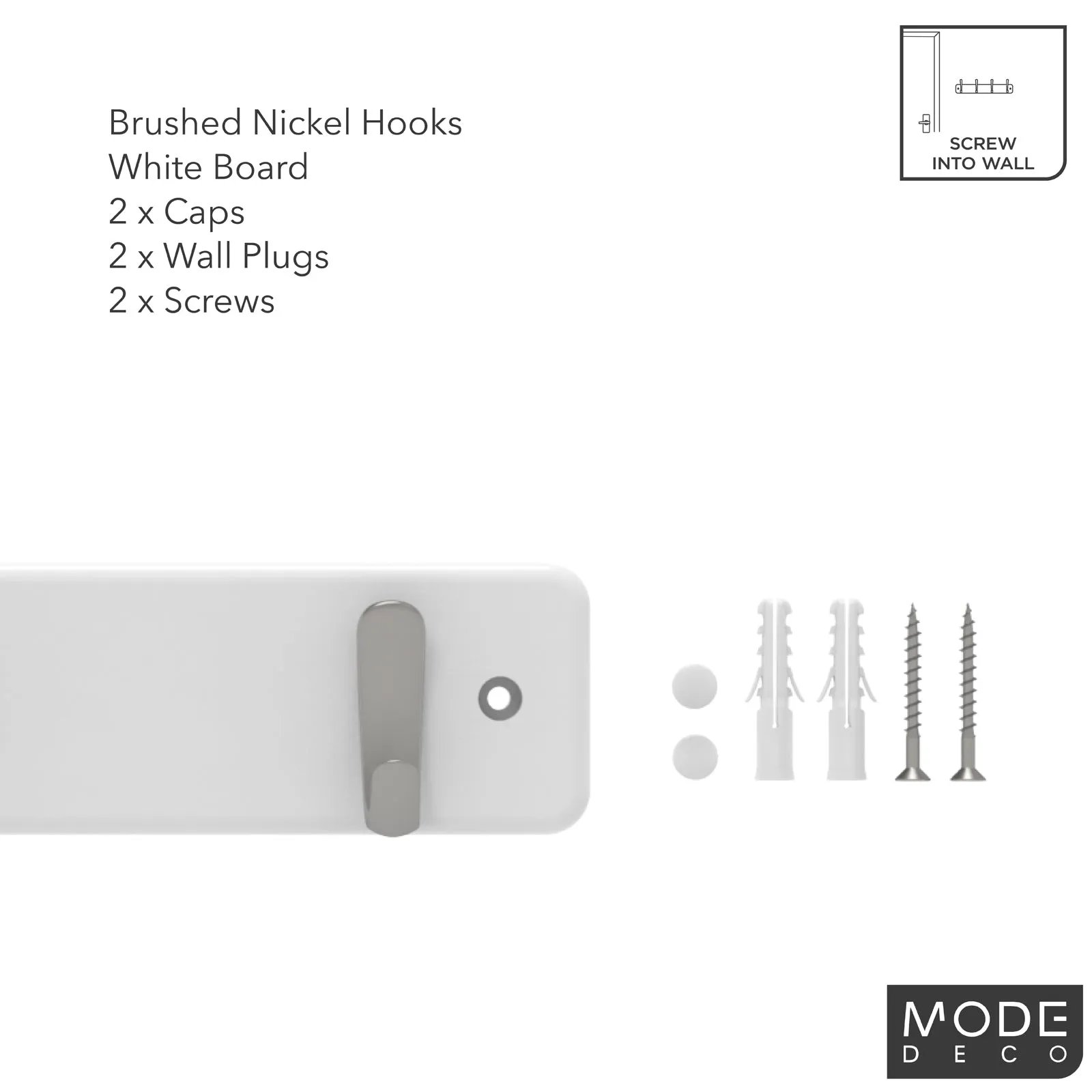4 Brushed Nickel Hooks on White Board Hook Rack
