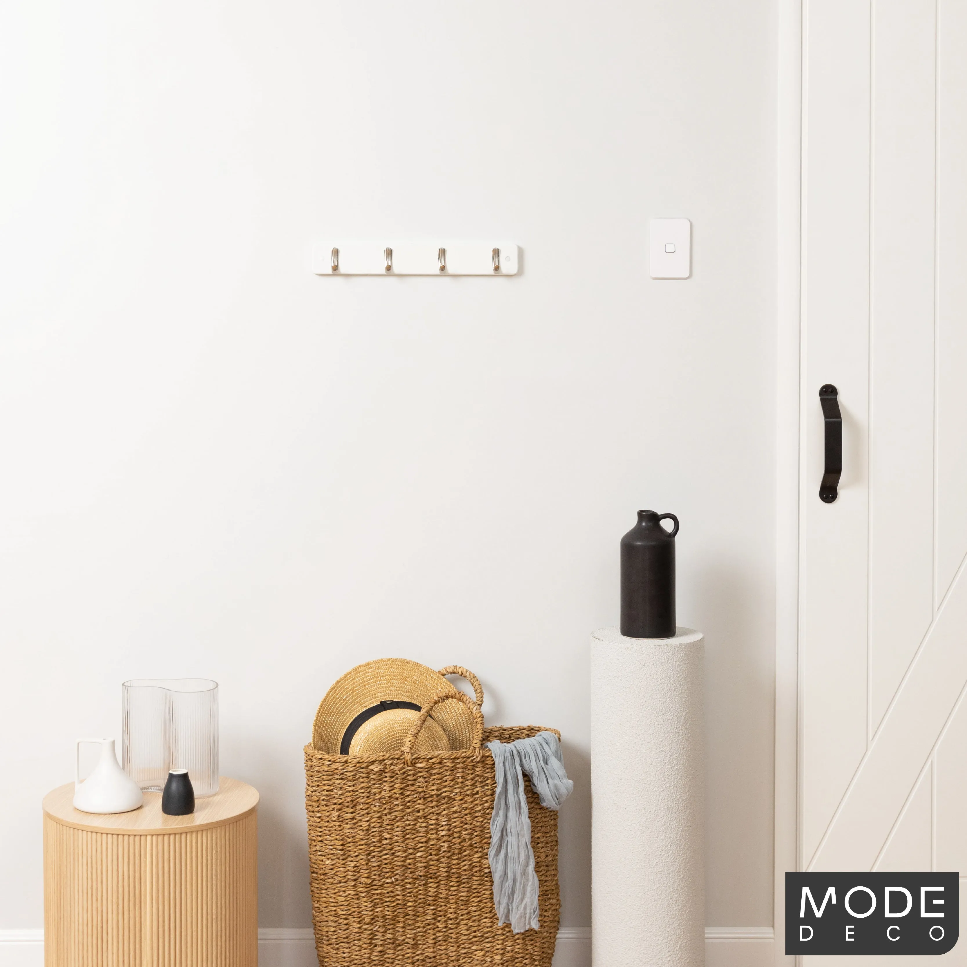 4 Brushed Nickel Hooks on White Board Hook Rack