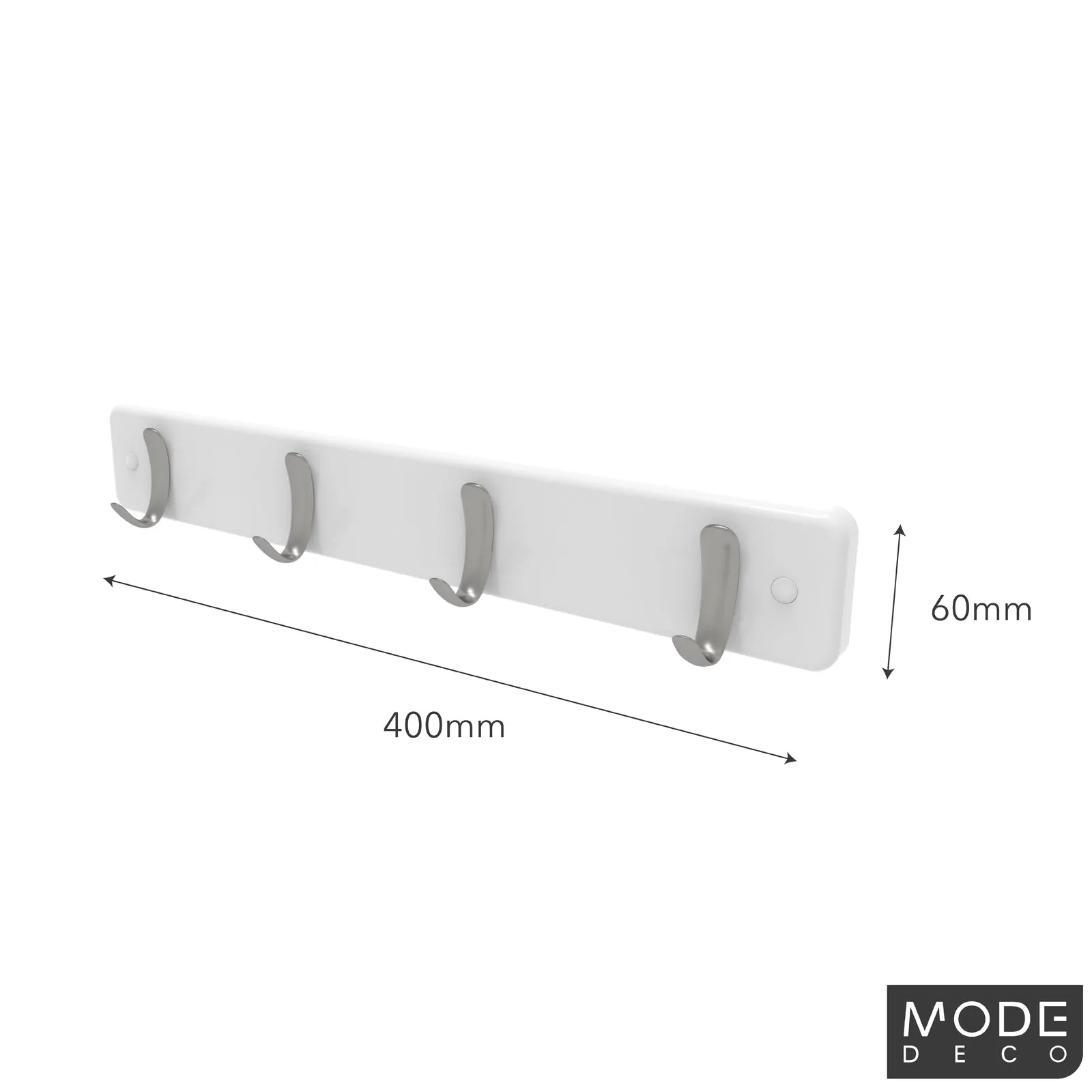 4 Brushed Nickel Hooks on White Board Hook Rack