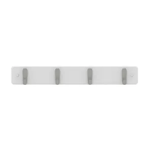 4 Brushed Nickel Hooks on White Board Hook Rack