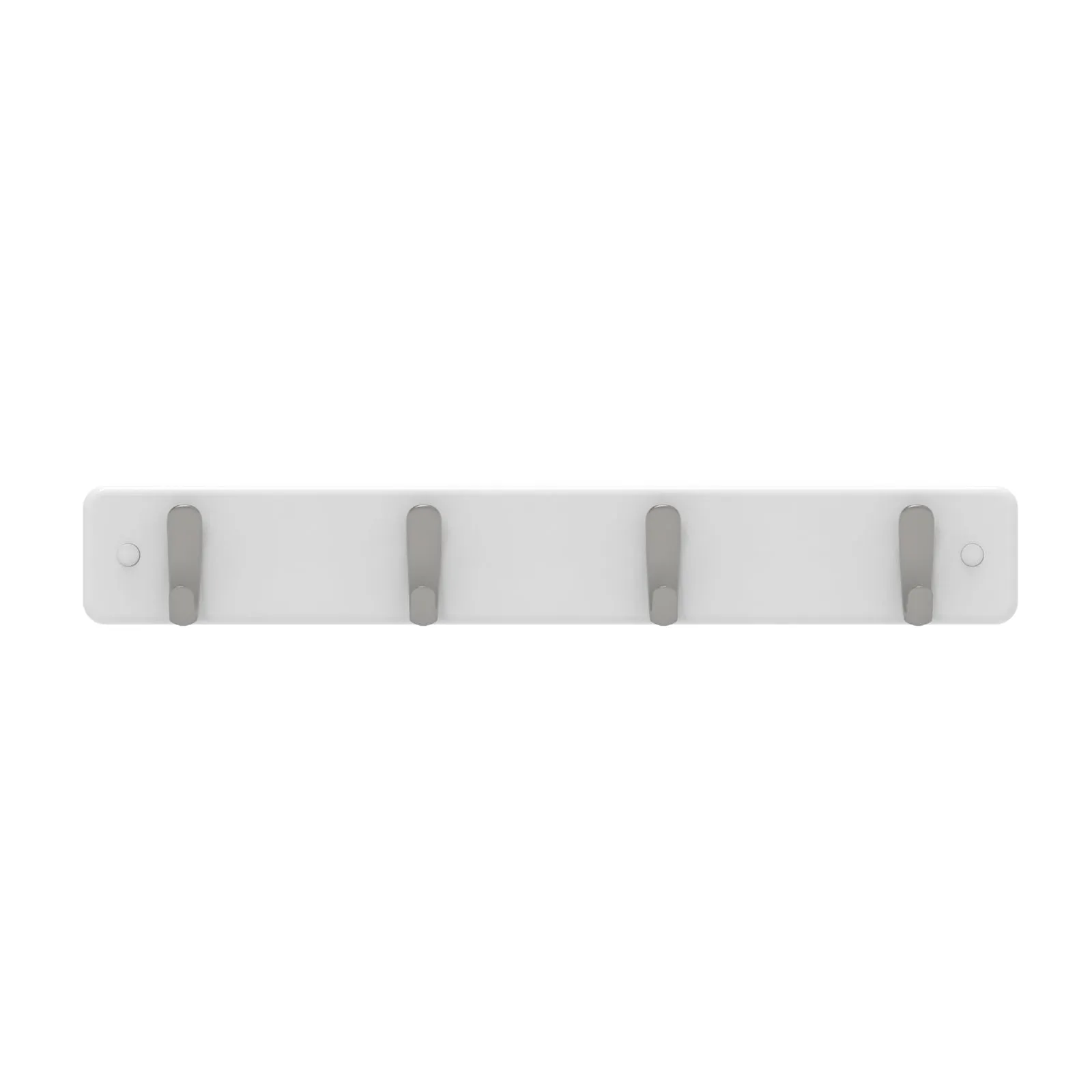 4 Brushed Nickel Hooks on White Board Hook Rack