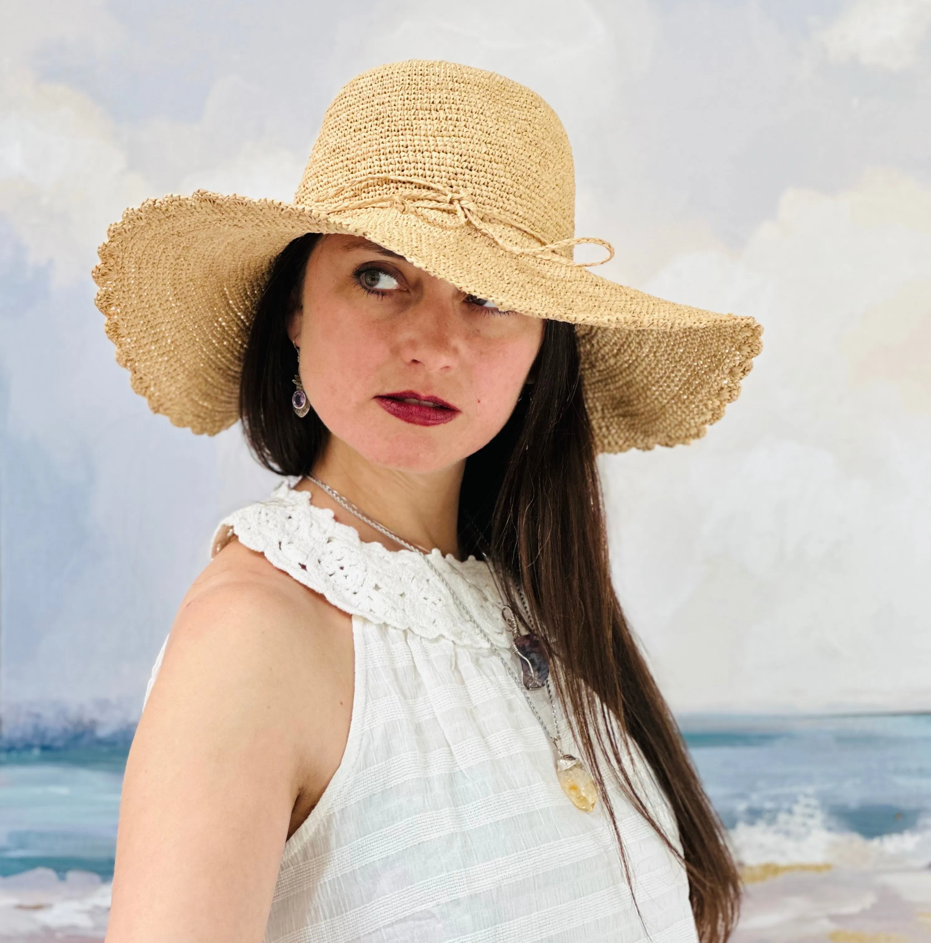 4" Brim Genevieve Crochet Straw Sun Hats with Lace Weave Edge