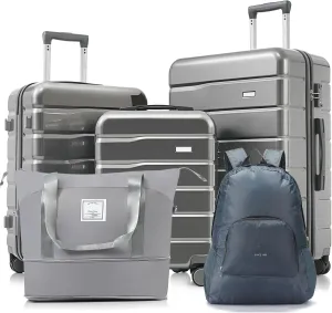 5 Piece Luggage Set with Expandable Duffel Bag,Foldable Backpack  20",24",28" Suitcases with 360 Spinner Wheels, Tsa Lock, Gray