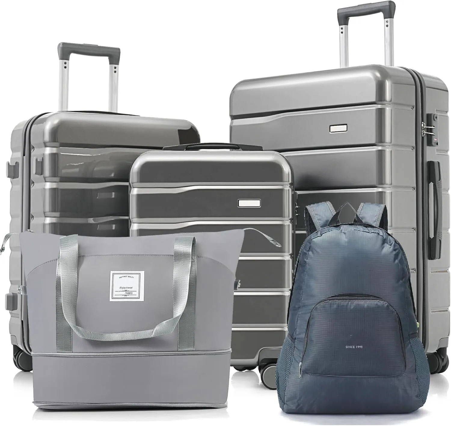 5 Piece Luggage Set with Expandable Duffel Bag,Foldable Backpack  20",24",28" Suitcases with 360 Spinner Wheels, Tsa Lock, Gray