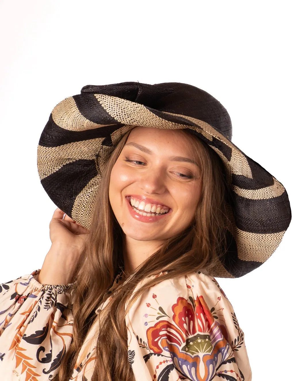 5" & 7" Wide Brim Two Tone Wide Stripe Straw Sun Hats with Big Bow
