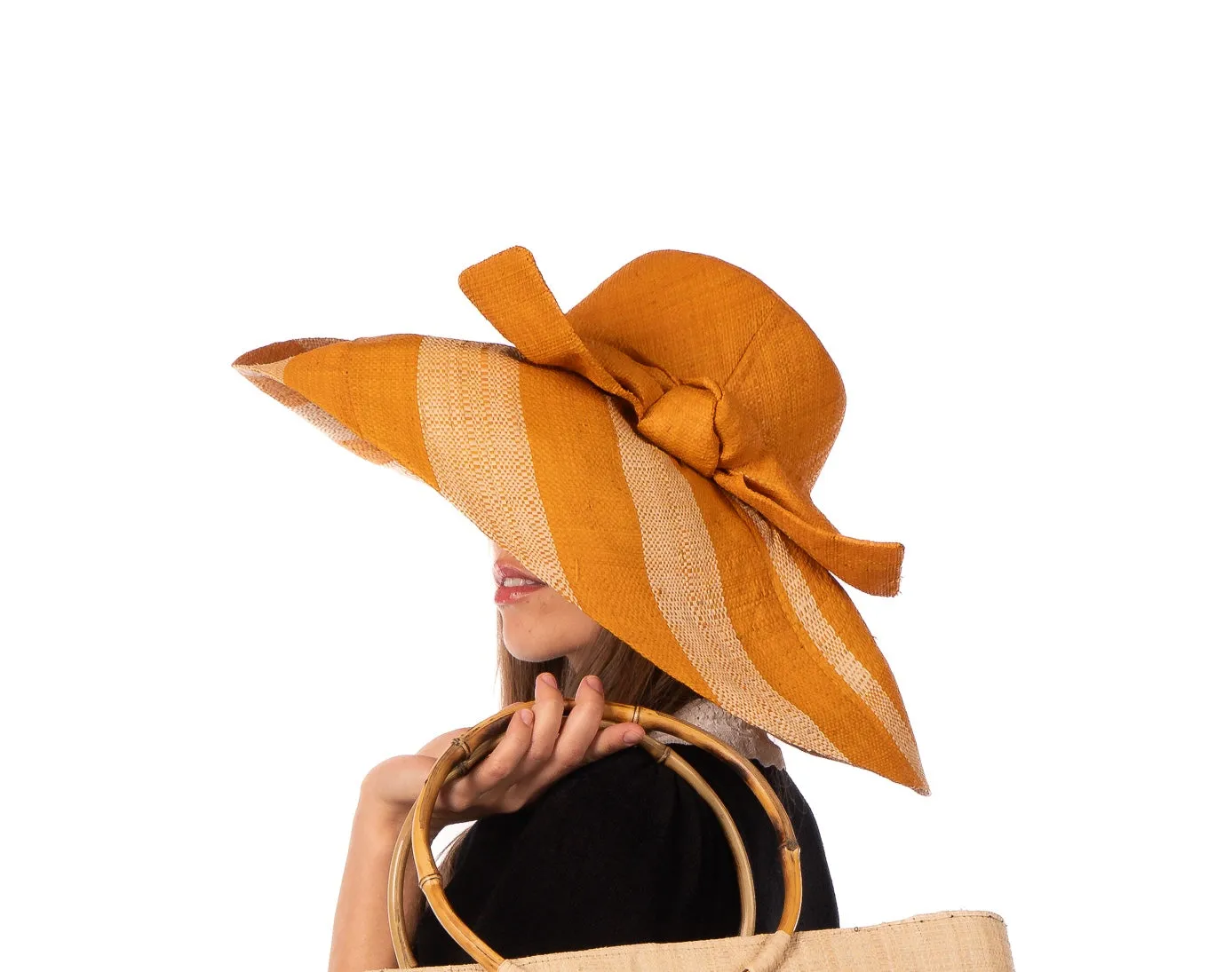 5" & 7" Wide Brim Two Tone Wide Stripe Straw Sun Hats with Big Bow
