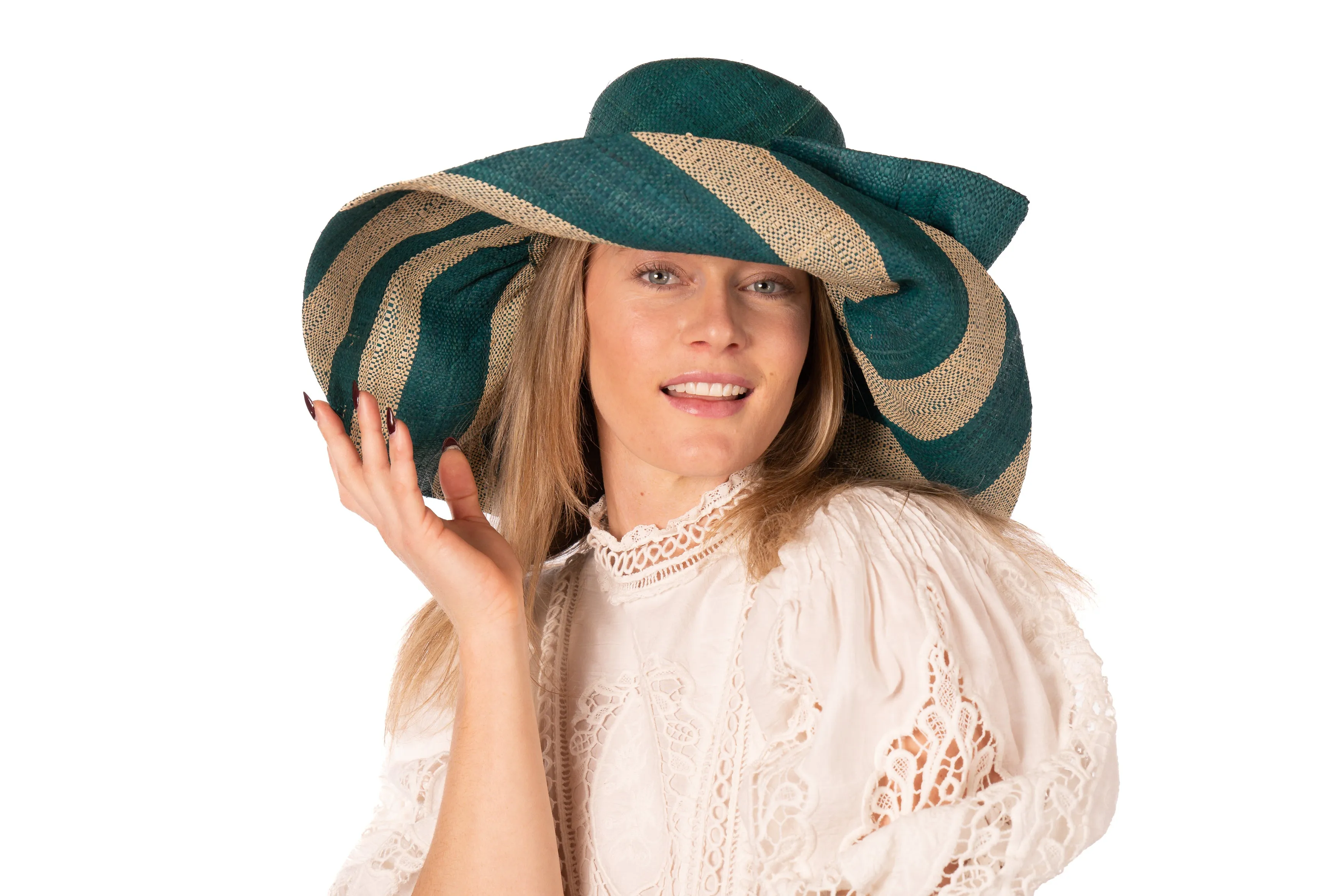 5" & 7" Wide Brim Two Tone Wide Stripe Straw Sun Hats with Big Bow