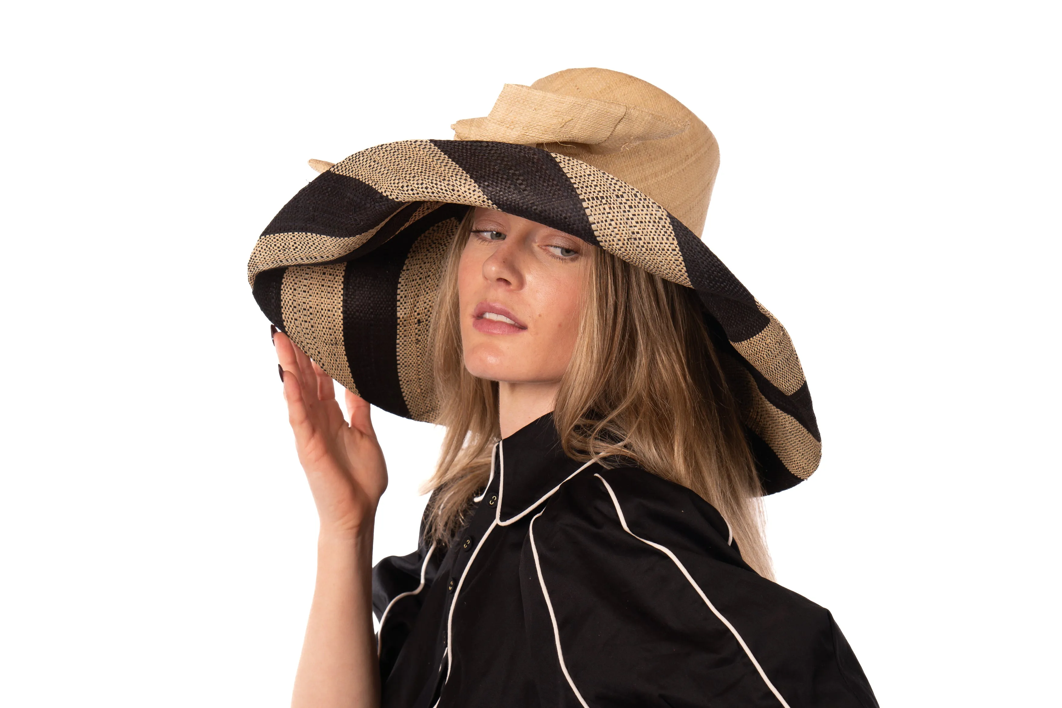 5" & 7" Wide Brim Two Tone Wide Stripe Straw Sun Hats with Big Bow