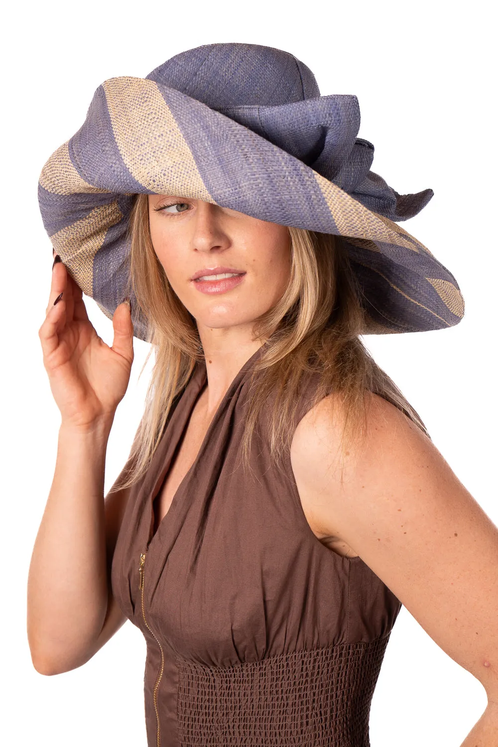 5" & 7" Wide Brim Two Tone Wide Stripe Straw Sun Hats with Big Bow