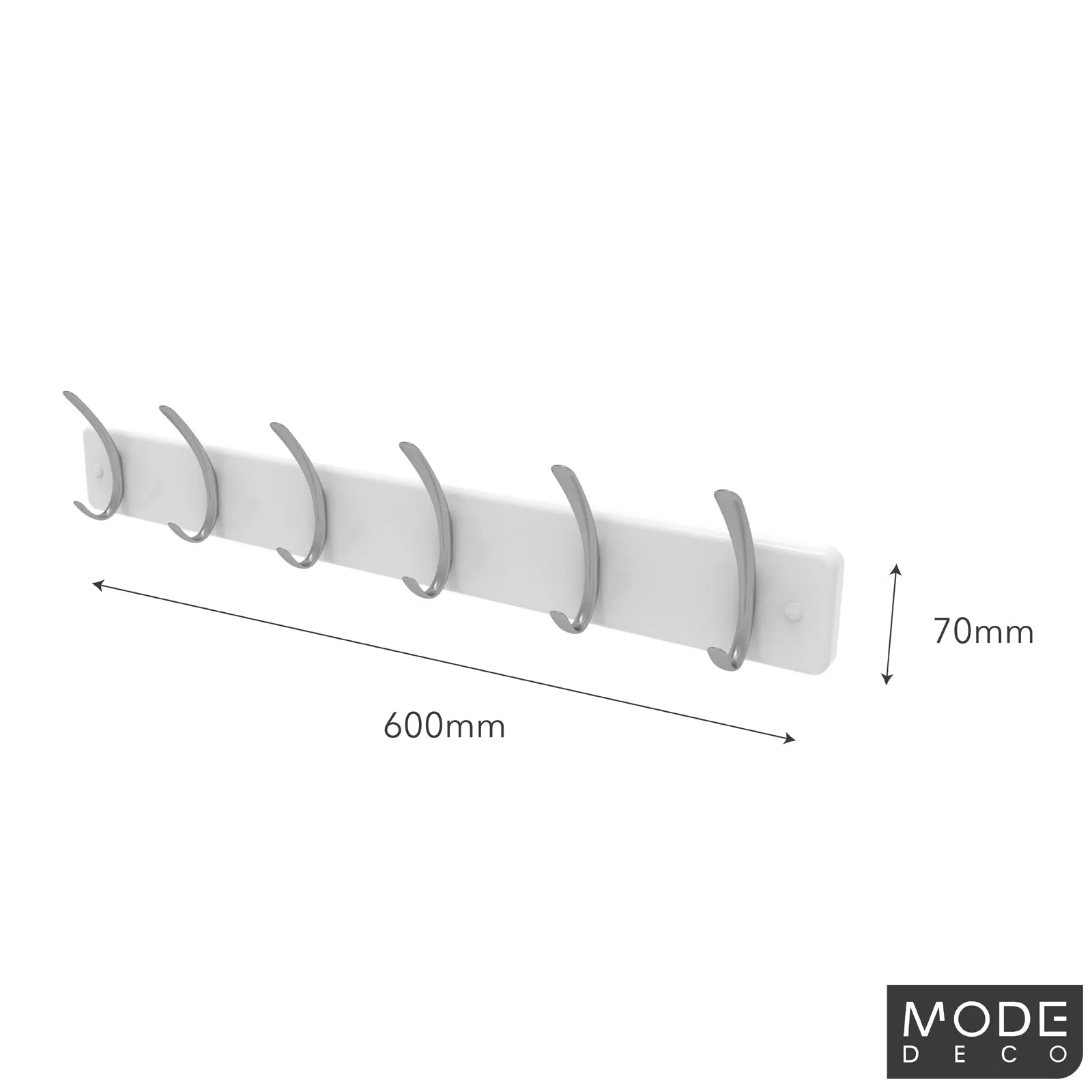 6 Brushed Nickel Hooks on White Board Hat & Coat Rack