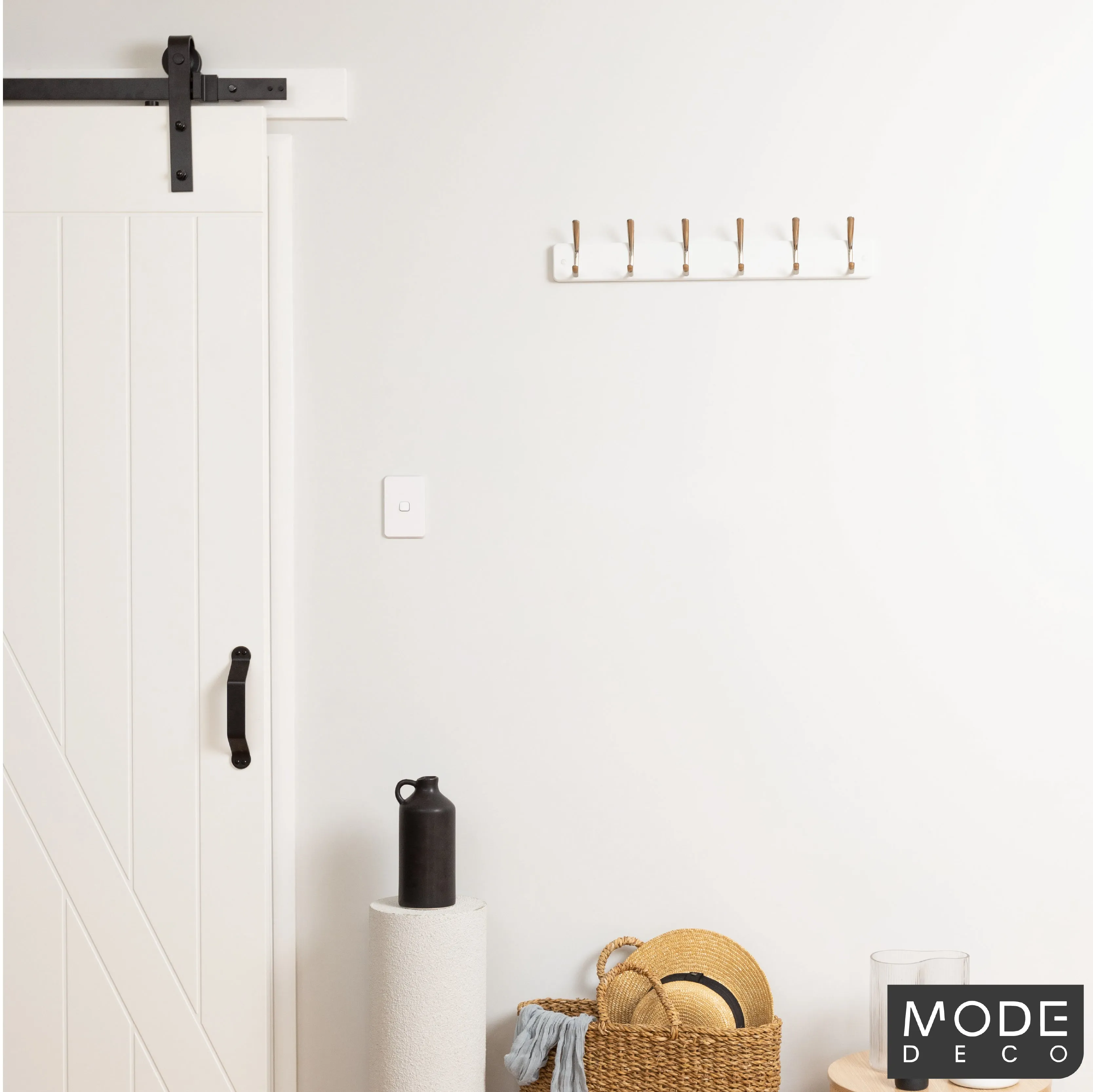 6 Brushed Nickel Hooks on White Board Hat & Coat Rack