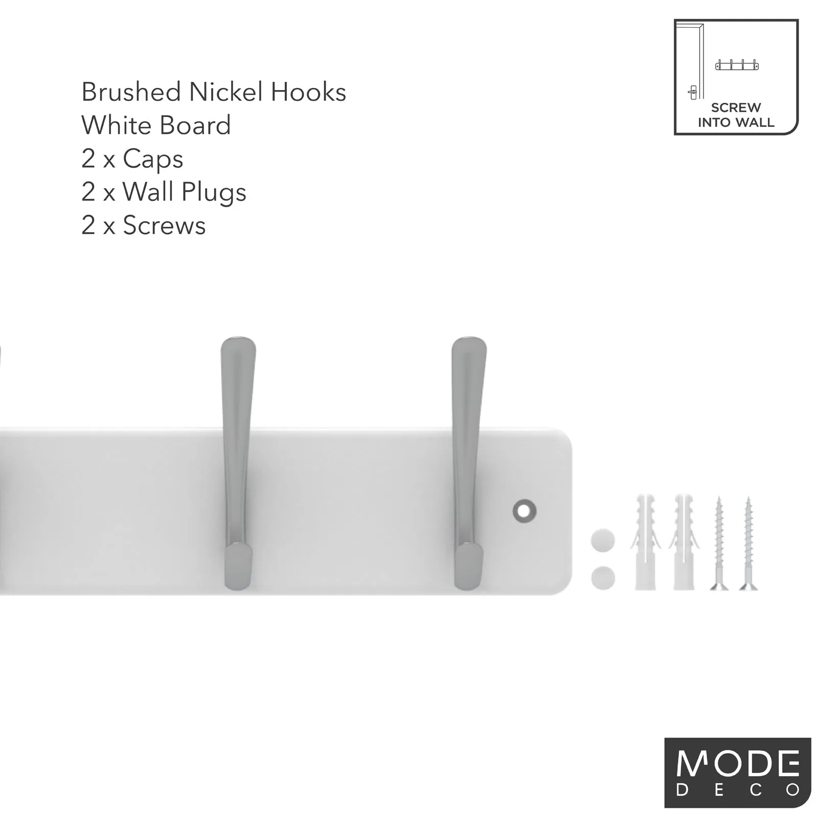 6 Brushed Nickel Hooks on White Board Hat & Coat Rack