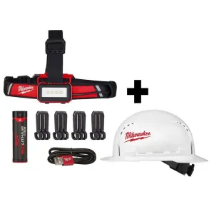 600 Lumens LED USB Rechargeable Low-Profile Hard Hat Headlamp w/BOLT White Type 1 Class C Full Brim Vented Hard Hat