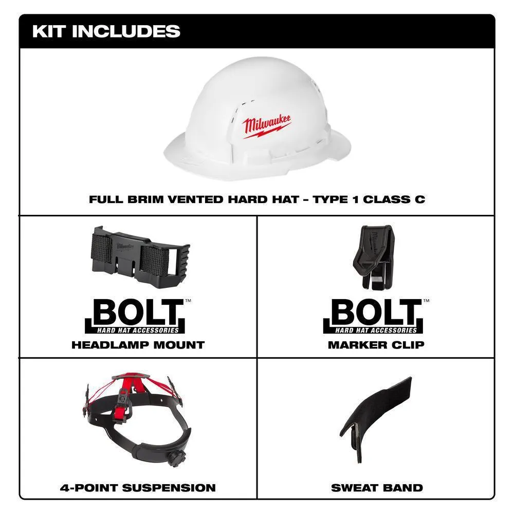600 Lumens LED USB Rechargeable Low-Profile Hard Hat Headlamp w/BOLT White Type 1 Class C Full Brim Vented Hard Hat