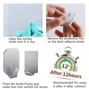 Adhesive Hooks, 16 Pack 3M Self Adhesive Wall Hooks for Key Robe Coat Towel, Heavy Duty Stainless Steel Wall Mount Hooks,for Kitchen Bathroom Toilet