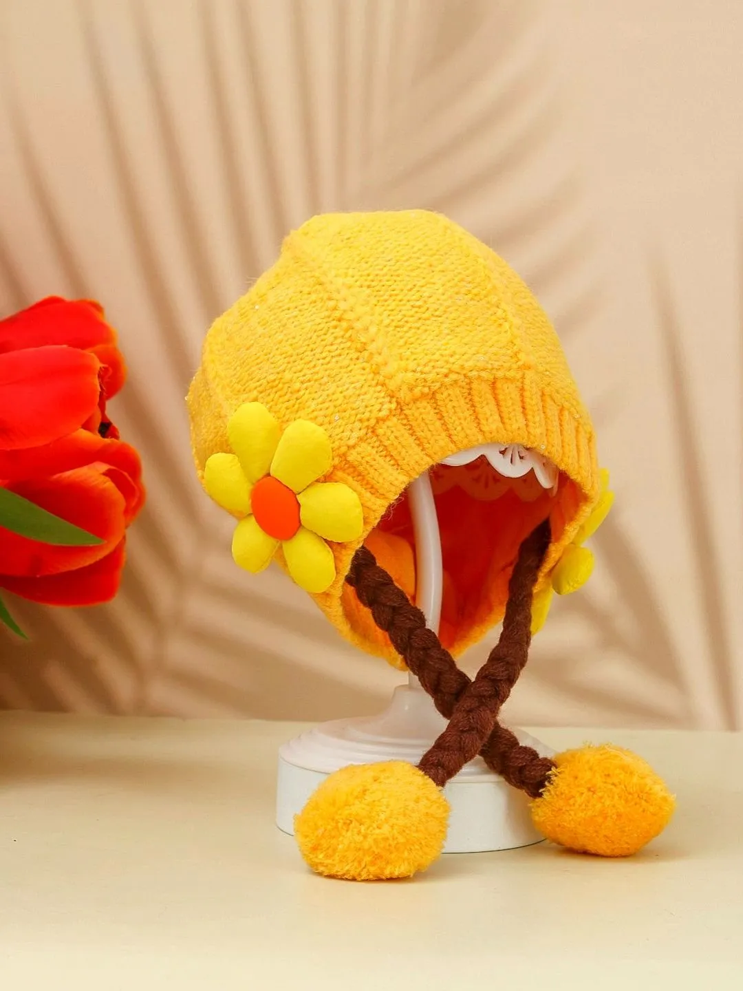 Adorable Braided Winter Hat with Flower Accent for Girls - Cozy & Cute!