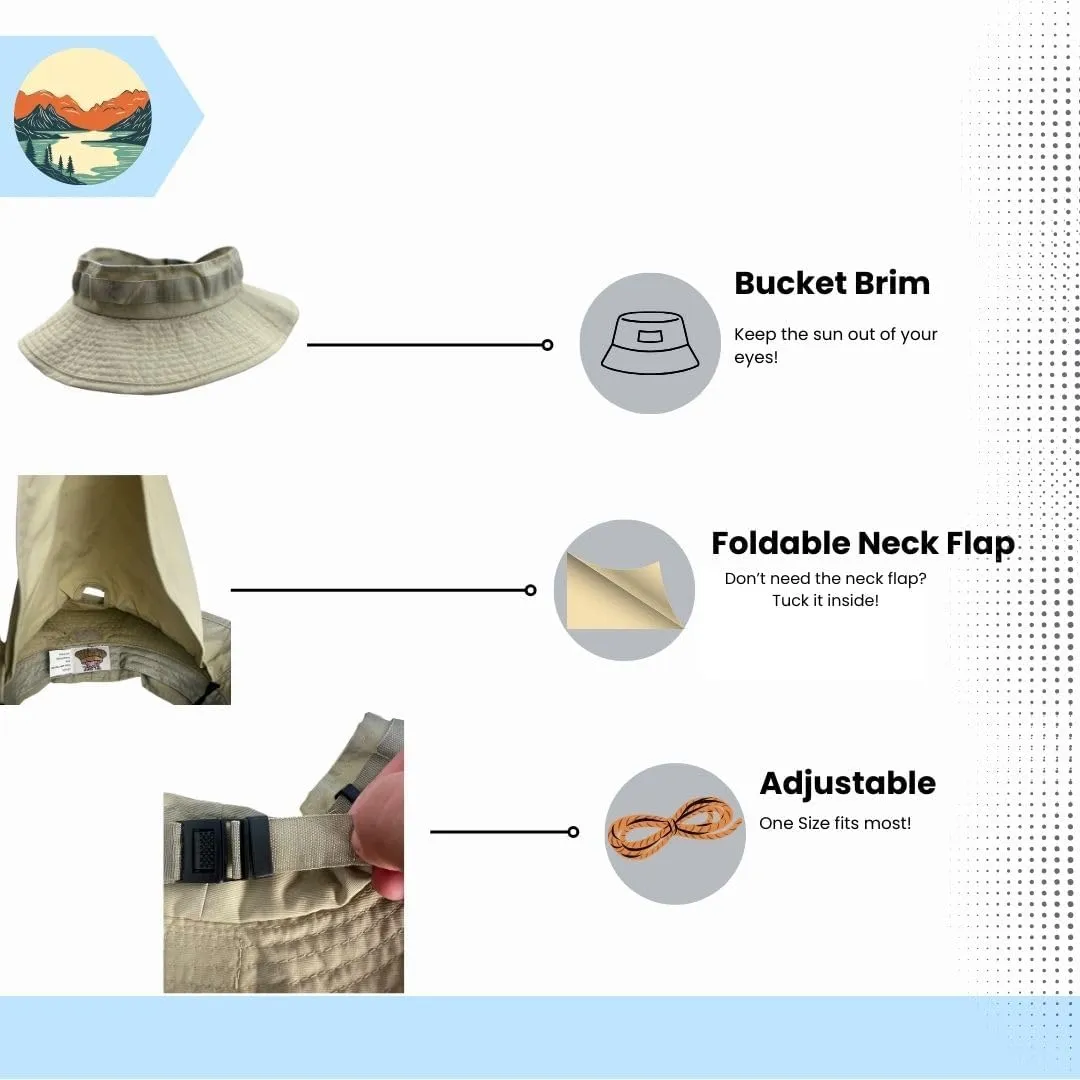 Ajustable Khaki Sun Visor Safari, Fishing, Hiking, Bucket Hat with Neck Flap for Men and Women