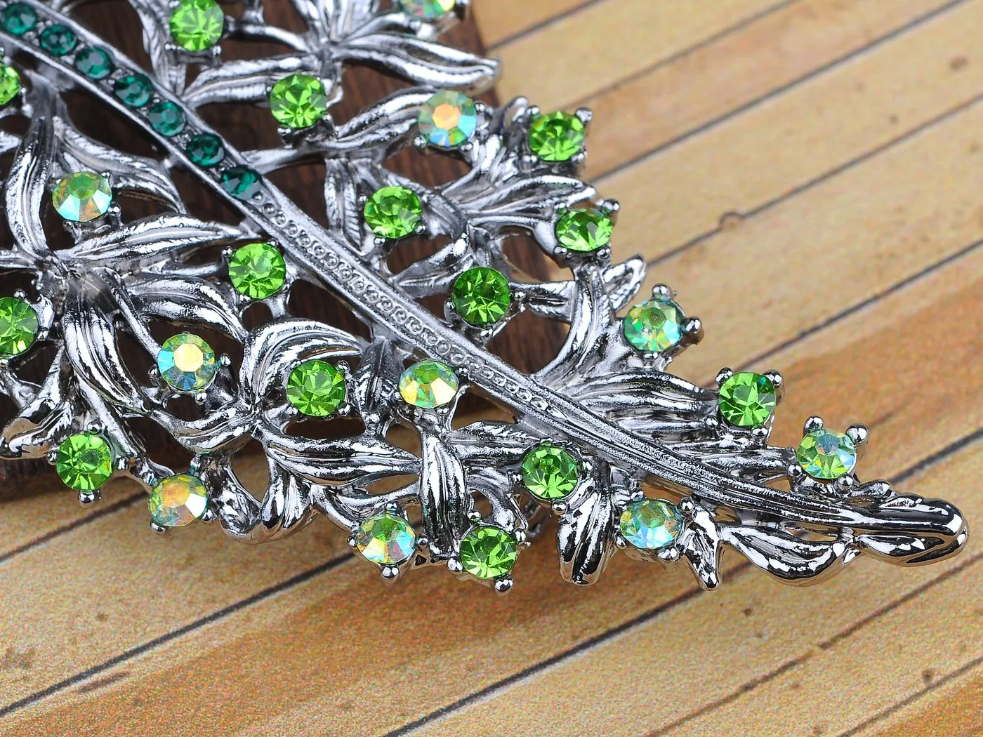 Alilang Antique Inspired Silvery Tone Shine Green Crystal Rhinestones Leaves Brooch Pin