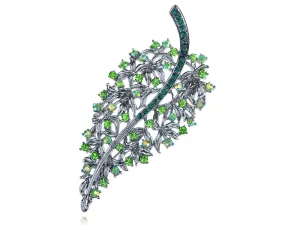 Alilang Antique Inspired Silvery Tone Shine Green Crystal Rhinestones Leaves Brooch Pin