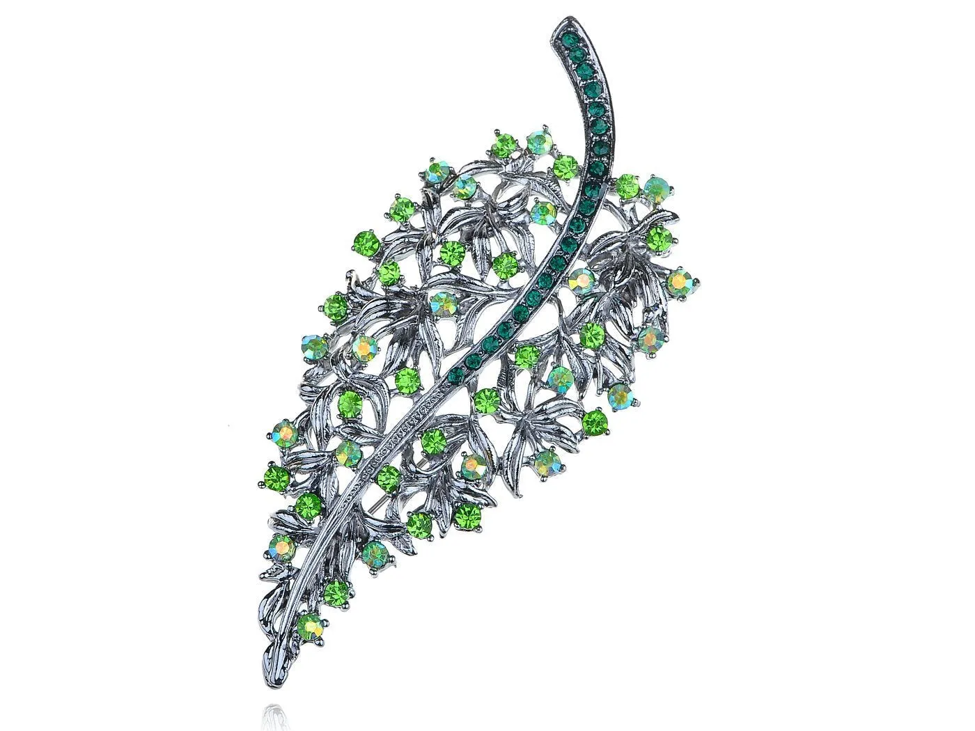 Alilang Antique Inspired Silvery Tone Shine Green Crystal Rhinestones Leaves Brooch Pin