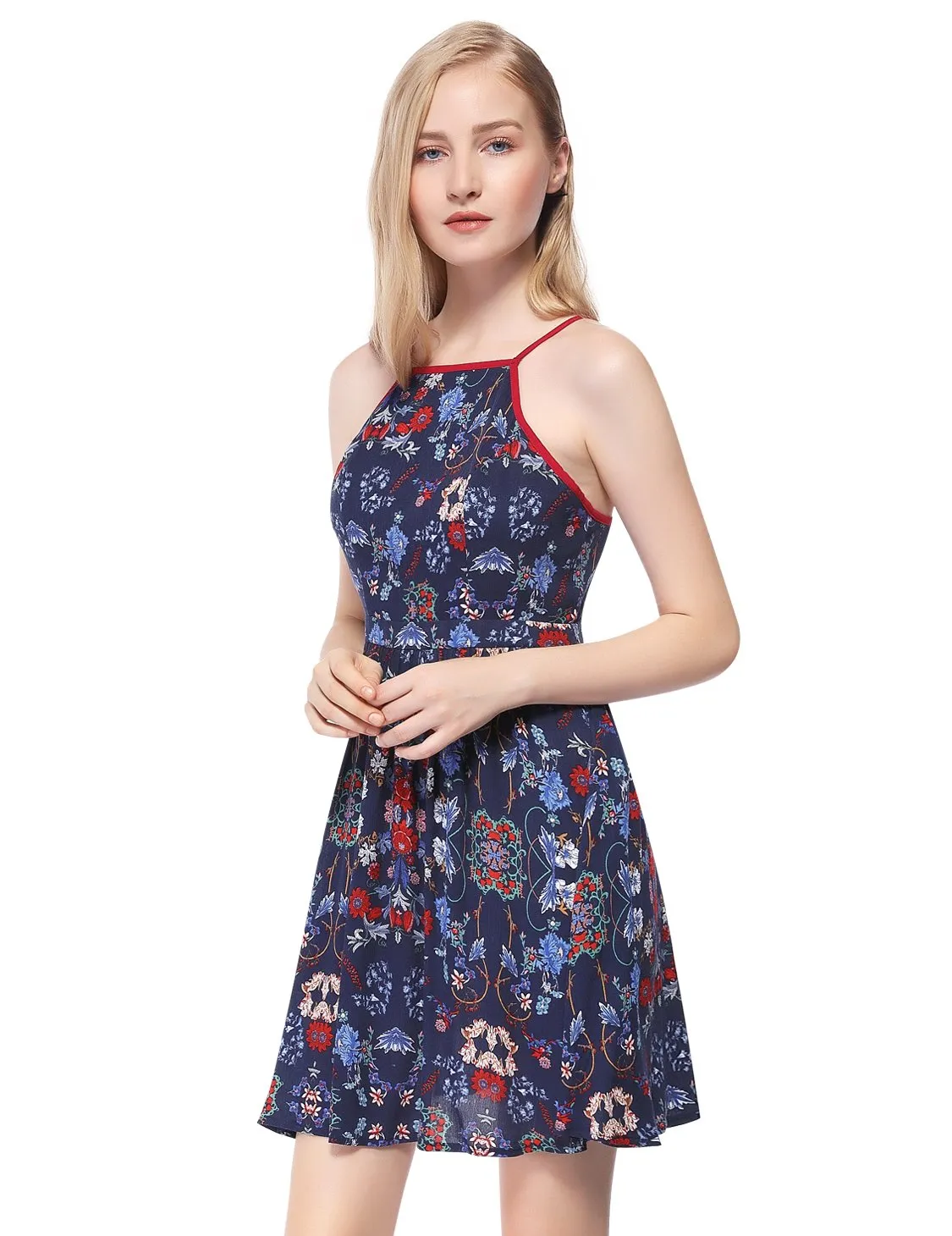 Alisapan Women'S Halter Floral Printed Rayon Short Casual Dress AS05693