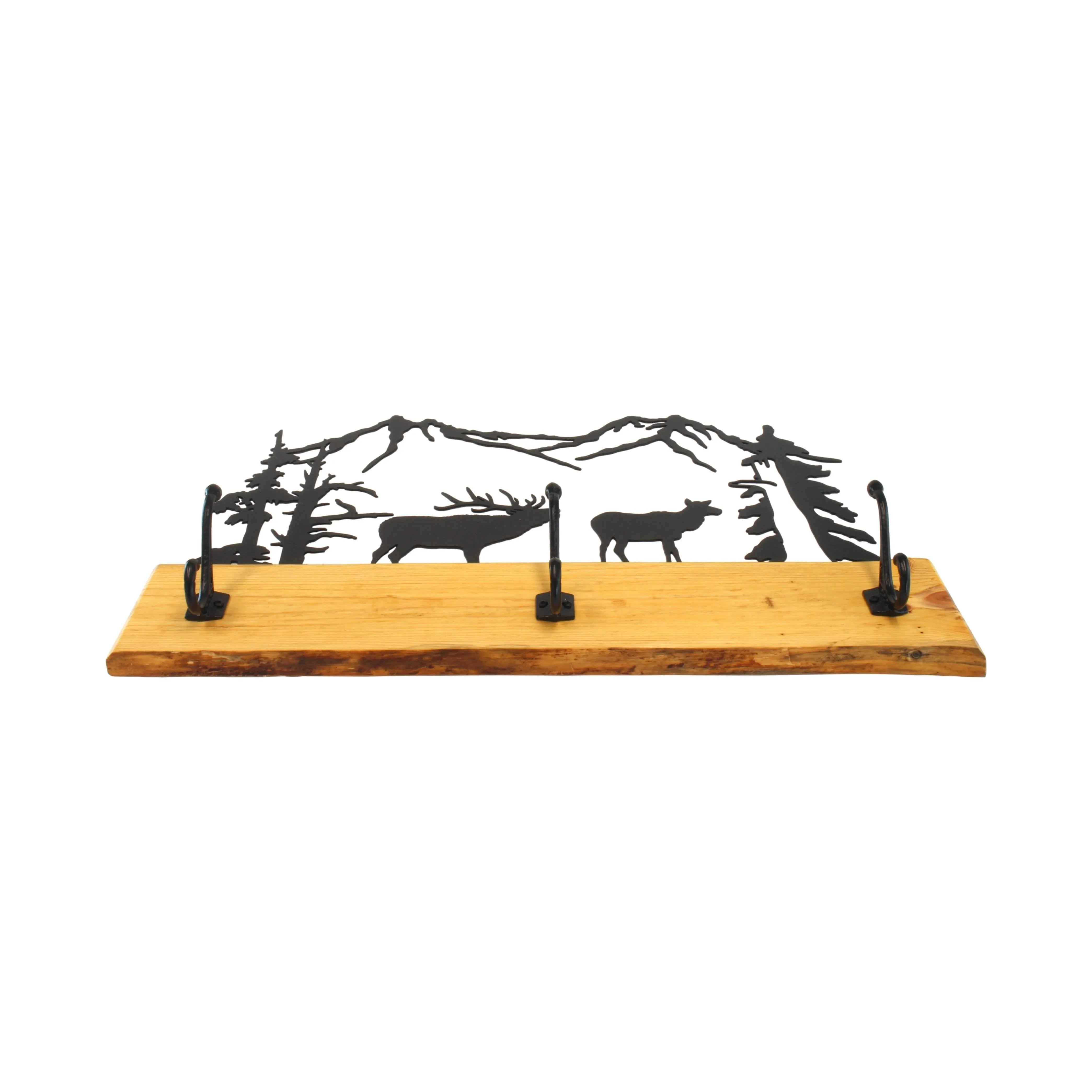 Amish-Made Rustic Coat Rack With 3 Hooks - Pine Wood Coat Hanger with Wilderness Metal Art Silhouette