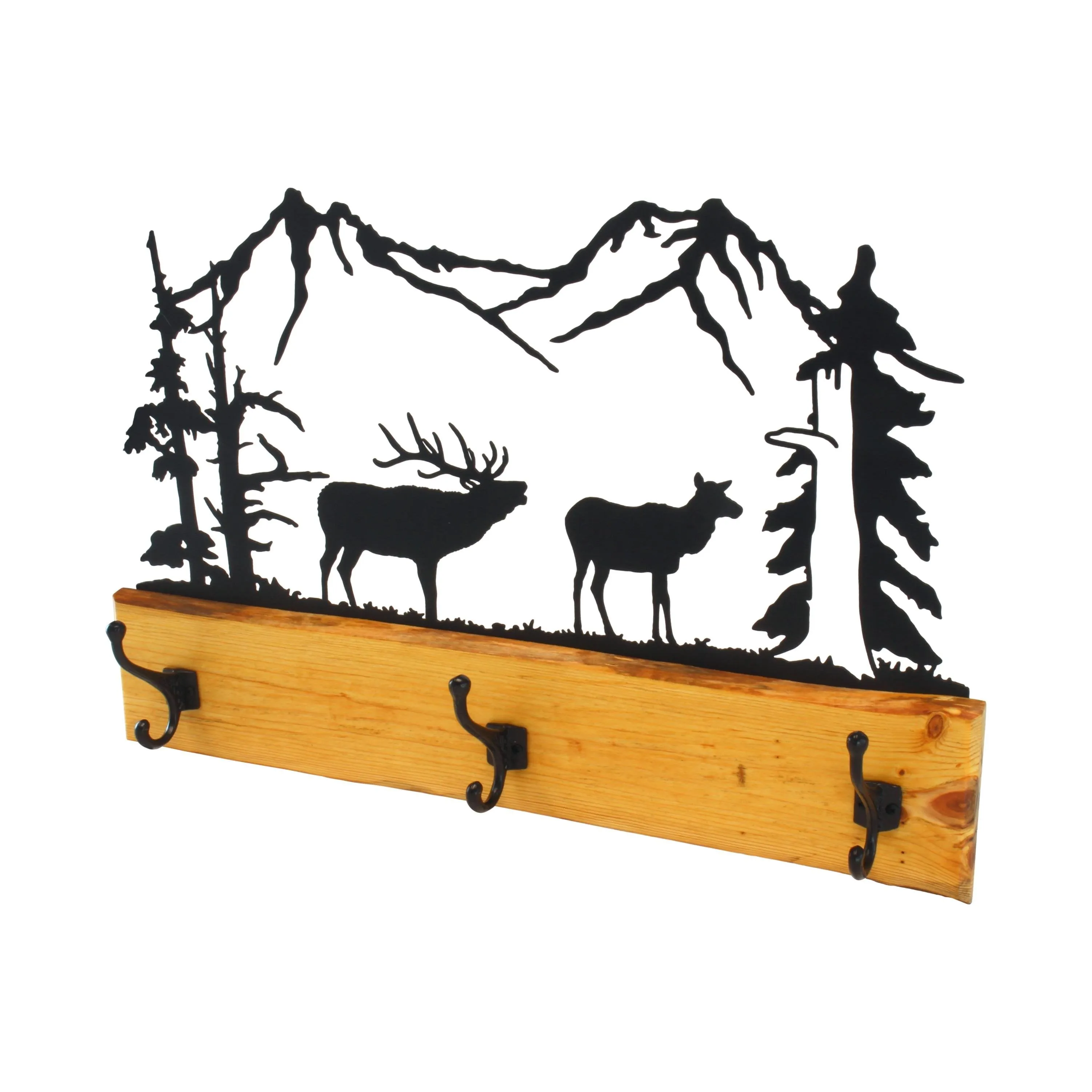 Amish-Made Rustic Coat Rack With 3 Hooks - Pine Wood Coat Hanger with Wilderness Metal Art Silhouette